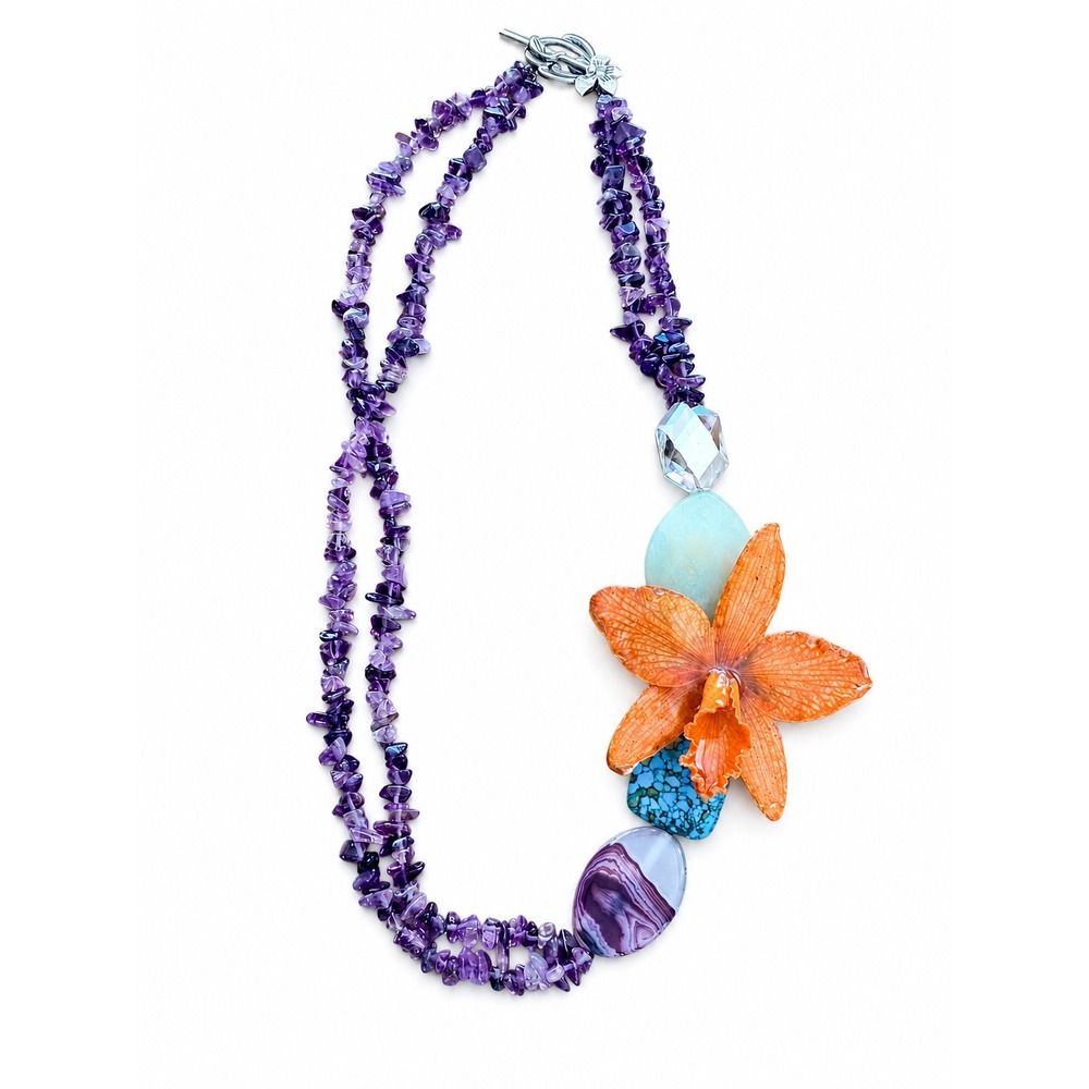 Double-Strand Amethyst Chip Necklace Tropical Orchid Artisan Statement Jewelry